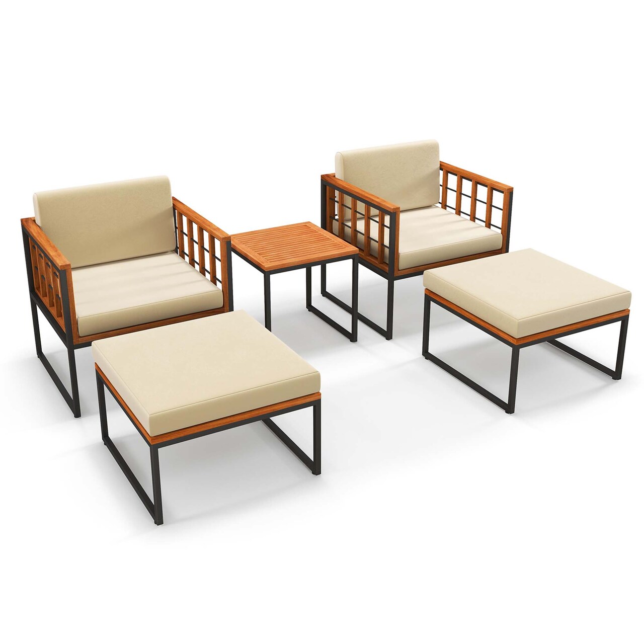 Costway 5 PCS Acacia Wood Patio Furniture Set with Ottomans Soft Cushions & Coffee Table